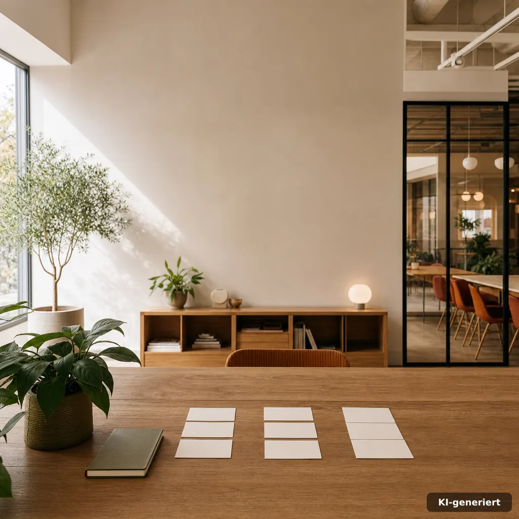 Planungstisch mit Karten und Notizbuch in einem ruhigen Coworking Space