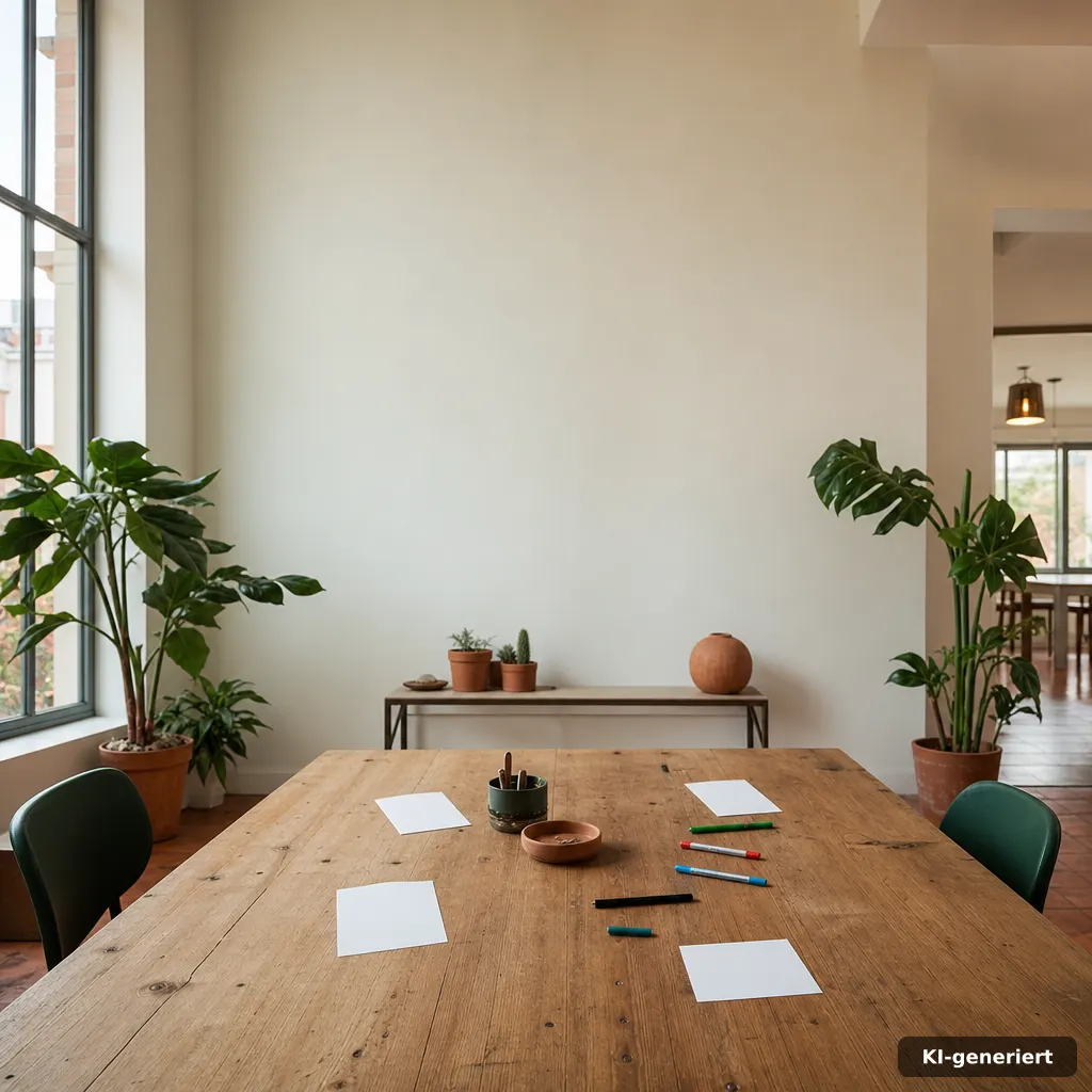 Kleines Team bespricht Aufgaben an einem Holztisch im Coworking Space
