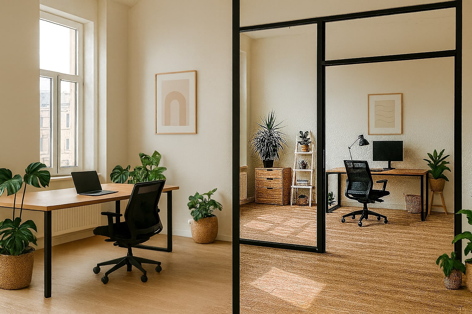 Helle Büros mit Pflanzen und Möbeln.