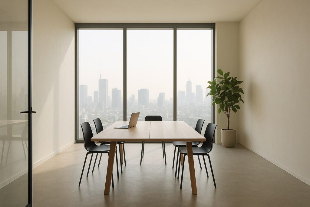 Scheinadresse? 10 Missverständnisse über Coworking-Anschriften aufgeklärt 2 Moderne Besprechungsraum mit Stadtblick.